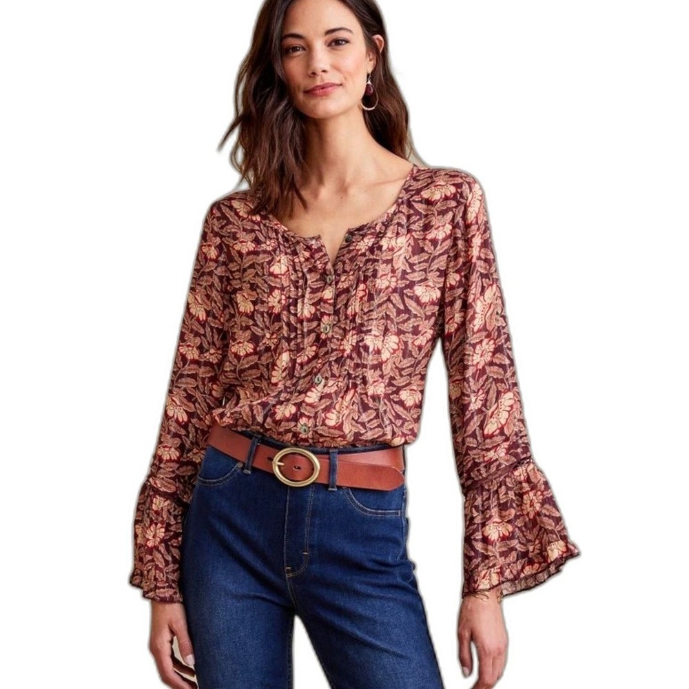 Soft Surroundings NWT Amity Top S Autumn Floral Bell Sleeve Peasant Boho Flowy